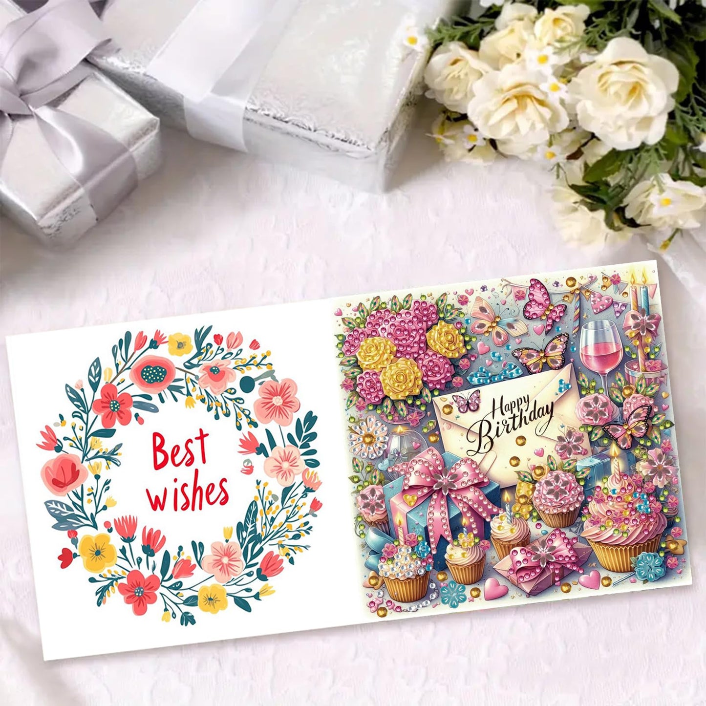 ARTopet 6Pcs DIY Folding Greeting Card Diamond Art Painting Creative Design Foldable Thank You Cards Blessing Greeting Card Set for Birthday Christmas Crafts Gift-Happy birthday01