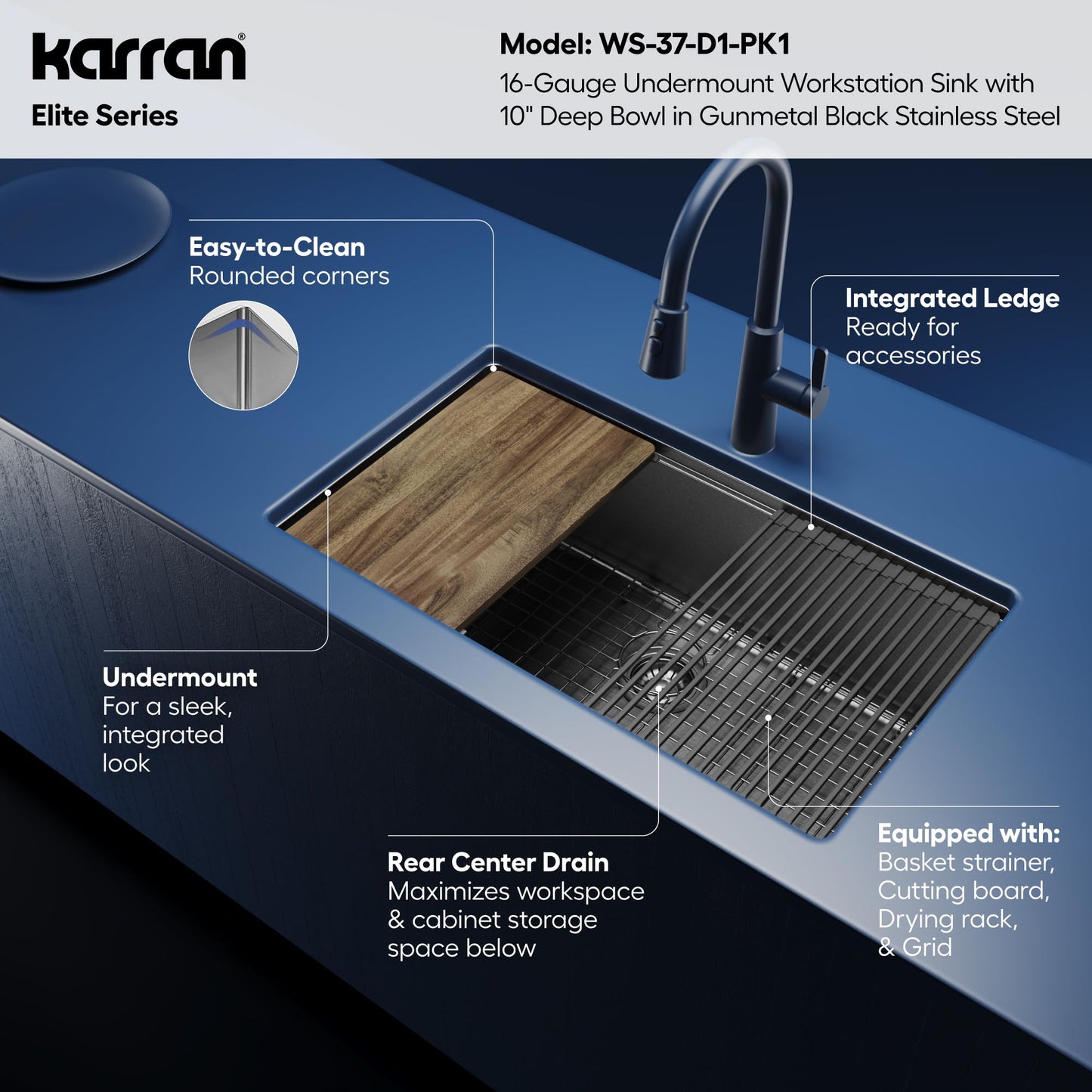 Karran Elite 32 Inch Gunmetal Black Workstation Kitchen Sink, 16 Gauge Nano PVD Stainless Steel Undermount Sink, Deep Single Bowl with Grid, Cutting Board, Drying Mat & Strainer