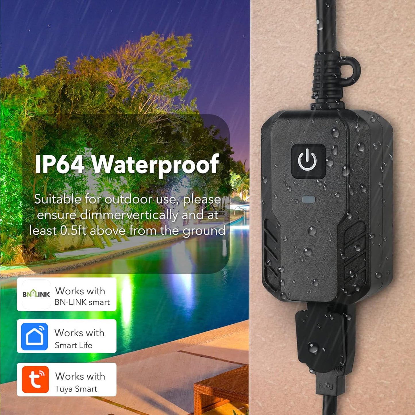 BN-LINK Smart Dimmer Plug, WiFi Outdoor Dimmer for String Lights, LED, Filament, Halogen lamp, APP Remote Control and Google Assistant, Alexa Outdoor Smart Plug, Requires 2.4 GHz Wi-Fi, Waterproof