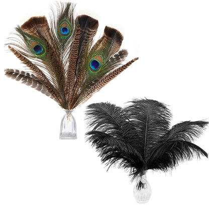 Ballinger 8-12inch 4 Styles 24Pcs Assorted Pheasant Feathers and 24 Pcs 10-12inch Black Ostrich Feaathers for Crafting Vase Hat Wedding Autumn Party Decor