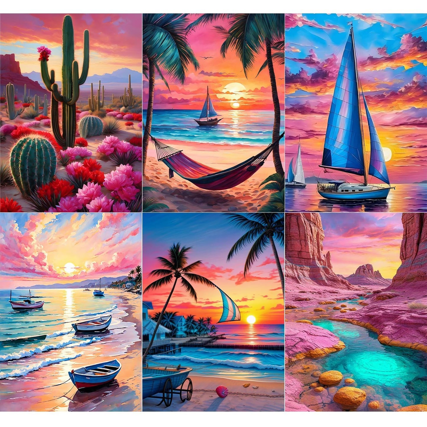 T.HENV Diamond Art Kits for Adults, 6 Packs Summer Beach Daimond Paint by Numbers Kit for Adults, 5D DIY Diamond Painting Kit, Crystal Gem Art Kits for Home Wall Deacor, Living or Bedroom, 12x16 inch
