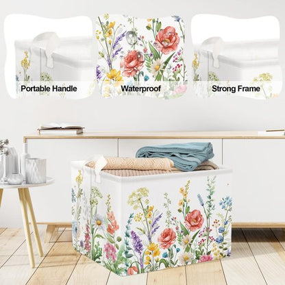 Clastyle 36L Wild Flower Plants Girls Storage Basket Spring Garden Daisy Rose Clothes Toy Nursery Bin Collapsible Rectangle Book Shelf Basket for Kids Room