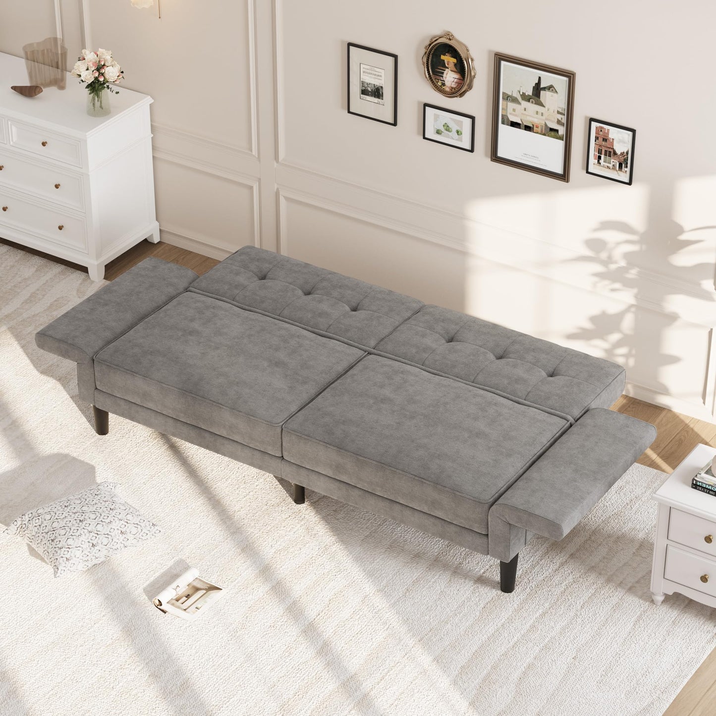 89" Futon Sofa Bed, Modern Sleeper Couch with Adjustable Backrest & Armrest, Convertible Couch Bed with Deep Seat for Living Room Bedroom, Apartments