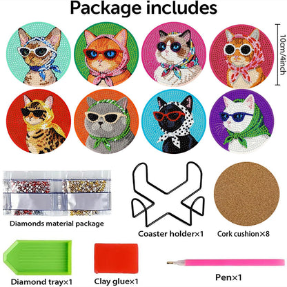 8 Pcs Cat Diamond Painting Coasters Kits with Holder,Cat Wearing Glasses Diamond Art Coasters with Wooden Pad for Adult,DIY Round Drill Gem Drink Coaster Art Craft Supplies for Home Decor 4x4 Inch.