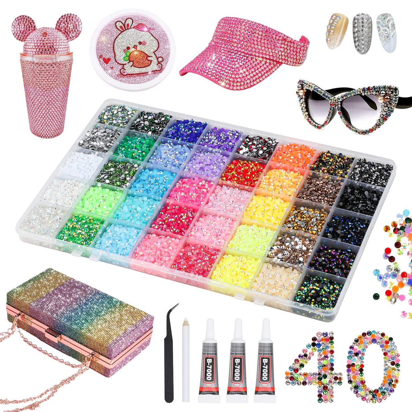 Acrridi 40000Pcs 40 Colors Resin Rhinestones Bedazzling Kit, Multicolor Flatback Gems, DIY Nail Art Clothing Tumblers Crafts for Bedazzling Diamond Art Makeup (Style B)