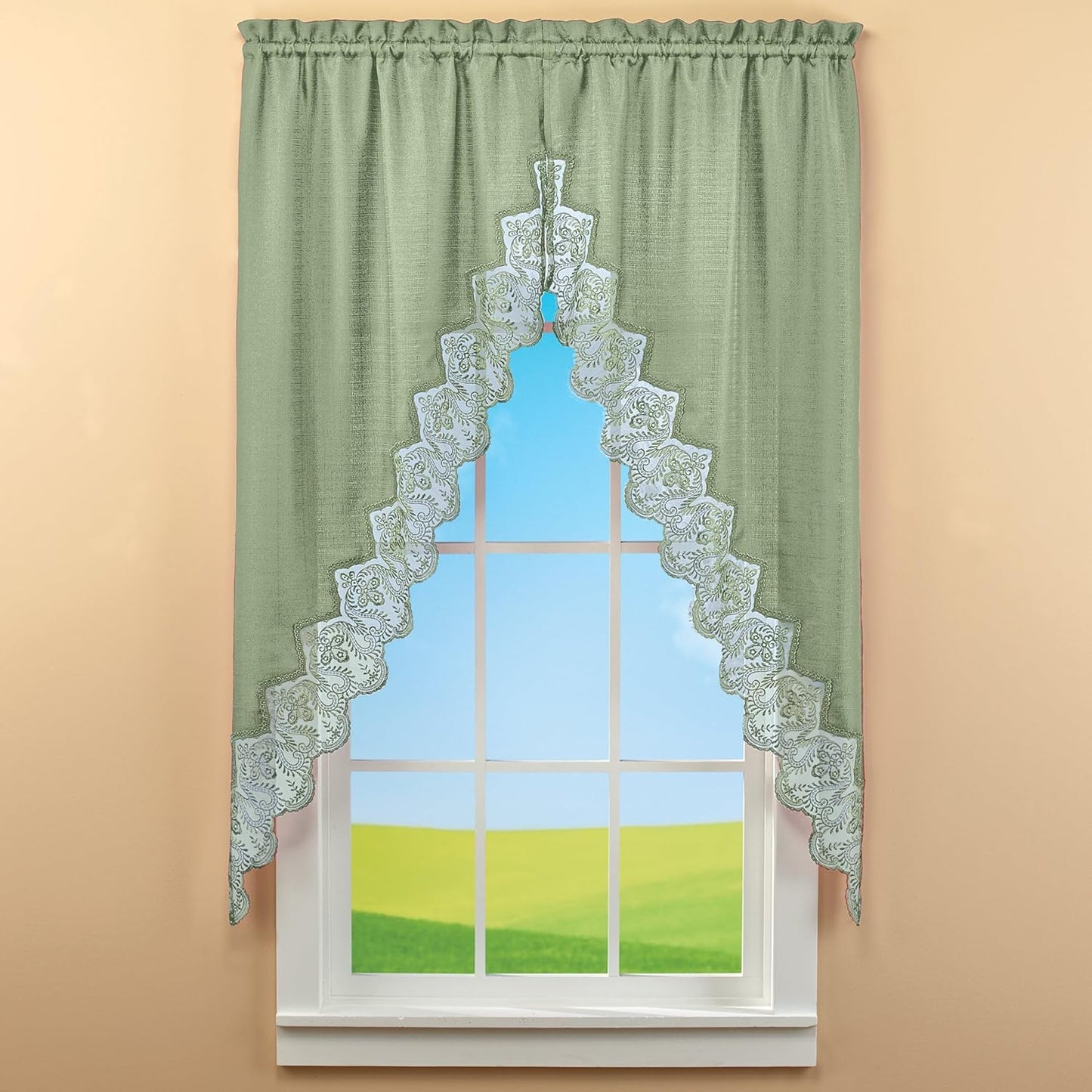 Collections Etc Elegant Lace Border Trim & Solid-Color Window Curtain Sage Swags
