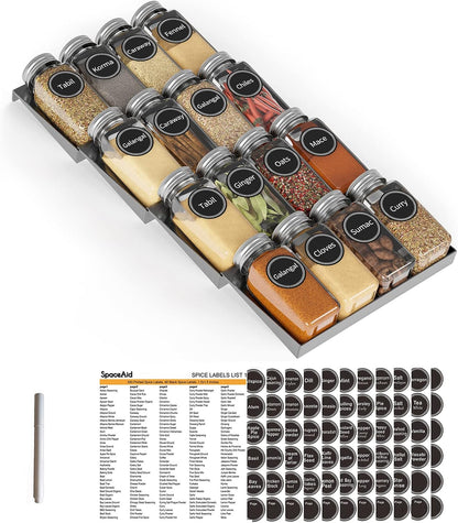 16 386 4 7.5" 17.5" SpaceAid Spice Drawer Organizer with Spice Jars, Spice Labels, Tier Seasoning Rack Tray Insert