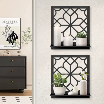 Black Metal Wall Candle Holder Set of 2, Square Rustic Farmhouse Bathroom Wall Decor, Modern Boho Aesthetics Line Art for Entryway, Hallway, Living Room, Bedroom (11.8 x 13 in)