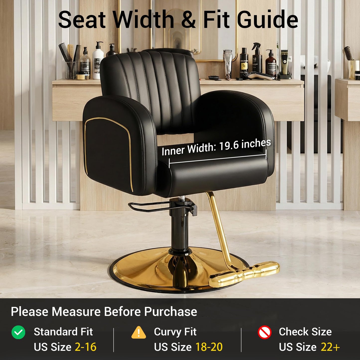 Baasha Professional Black & Gold Salon Chair, Luxury Hydraulic Styling Chair with Soft PU Leather, High-Density Foam Cushion, 360° Swivel, Stainless Steel Frame, Ergonomic Design, 330 lbs Capacity