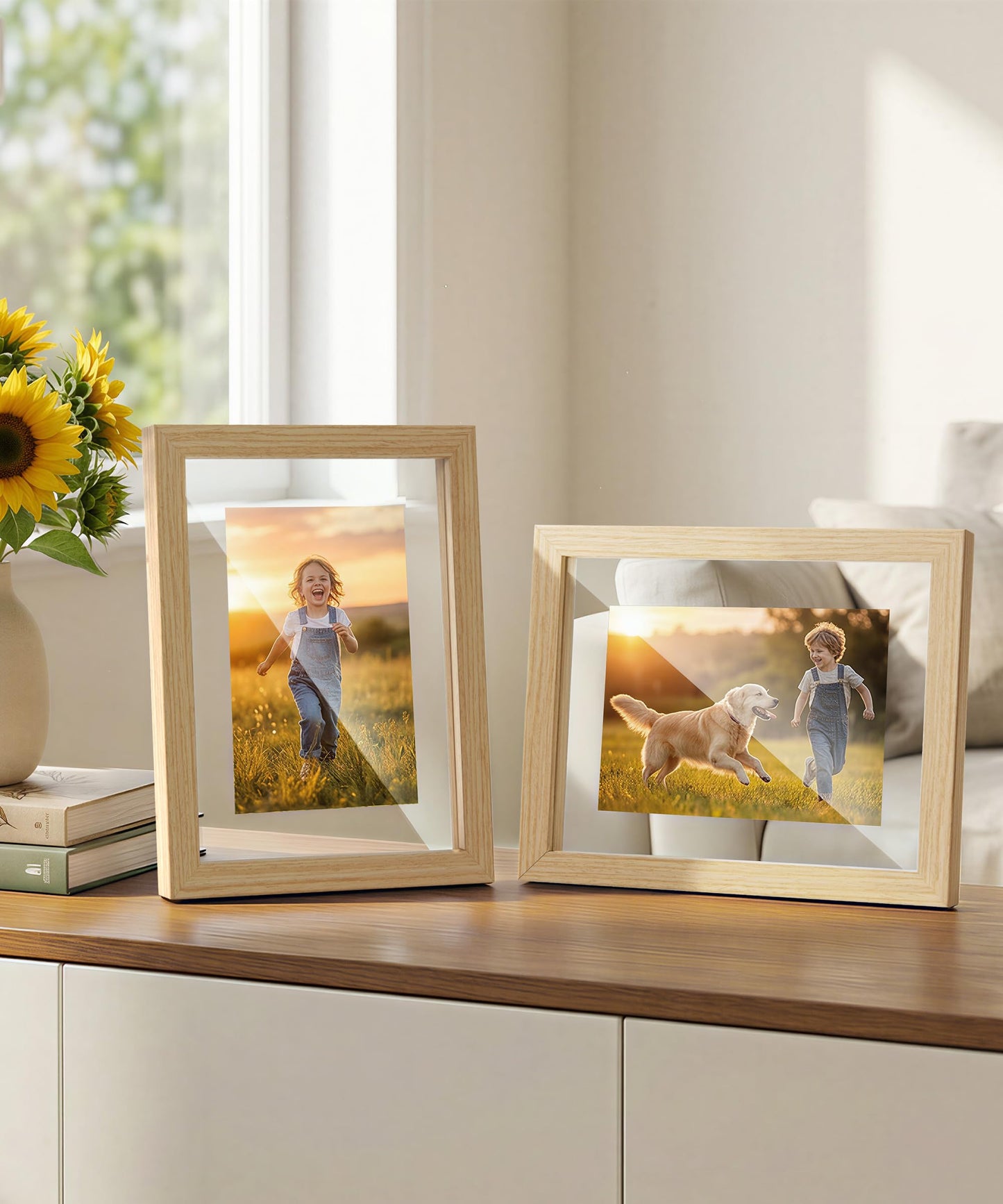 Sonefreiy Floating Picture Frames 8x10 Set of 2, Wooden Photo Frame Double Glass Pressed Flower Frames 5x7 Wall and Tabletop Display Gift for Family Friends Wedding