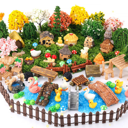 Ailefentene 84 Pcs Fairy Garden Accessories, Miniature Village Starter Kit with Moss Model Tree Tiny Resin Animal Figures, DIY Bonsai Micro Landscape Ornament for Terrarium Succulent Dollhouse Craft