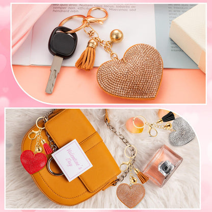 10 PCS Glitter Crystal Heart Rhinestone Keychain, Heart Shape Rhinestone Tassel Keychains for Handbags, Bling Key Chain for Women and Girls