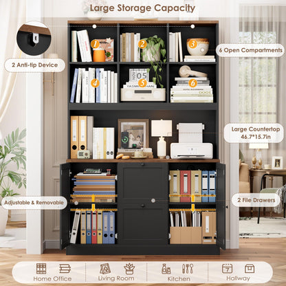 HIFIT 72'' Tall File Bookcase with Power Outlet & Printer Stand, 2 Drawer Filing Cabinets for Home Office Fit Hanging A4 File, Storage Cabinet w/ 3 Tier Open Book Shelf & Doors for Living Room, Black