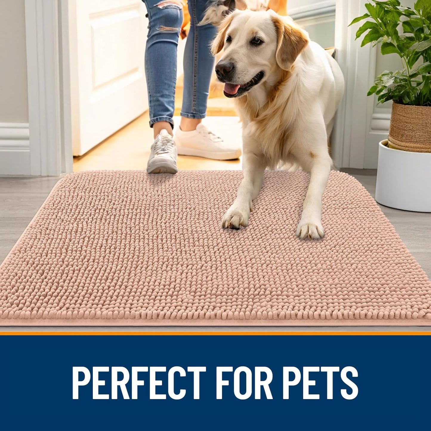 OLANLY Dog Door Mat - Absorbent Non-Slip Chenille Mat for Muddy Paws | 70x24 Inches, Quick Dry, Peach