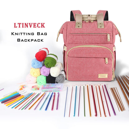 LTINVECK Knitting Bag Backpack,Yarn Storage Organizer Travel Crochet Bag,Large Capacity Tote Bag Yarn Holder Case for Carrying Projects, Knitting Needles, Crochet Hooks Pink