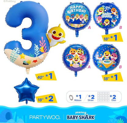 Baby Shark by PartyWoo - Blue Foil Number 3 Balloon Set | 5pcs 18-Inch Mylar for Kids' Birthday Party Decorations