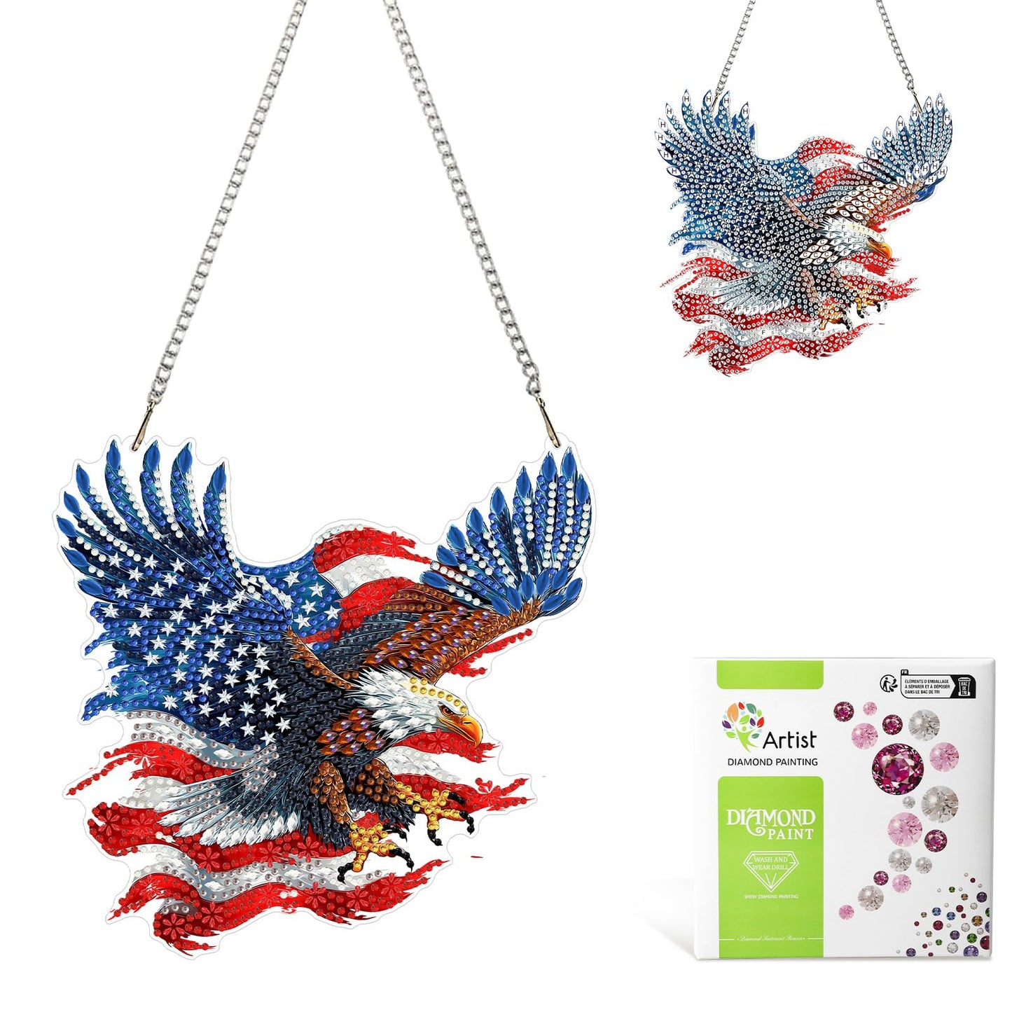 MAXBYE Hanging Diamond Art Kits for Adults Eagle, Special Crystal Double Sided Pendant DIY Diamond Art Painting Kits for Beginners Gift Wall Home Decoration 8×8 inch (4th of July)