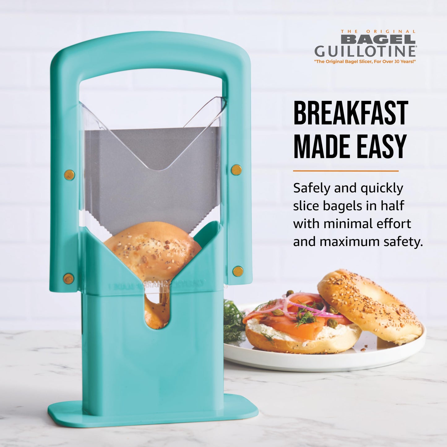 Hoan Bagel Guillotine Universal Slicer with Built In Safety Shield to Protect Fingers. Perfect for Smoothly Slicing Bagels, Buns, Muffins and More, Non Stick. 9.25 inch, Aqua Sky