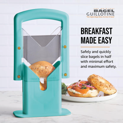 Hoan Bagel Guillotine Universal Slicer with Built In Safety Shield to Protect Fingers. Perfect for Smoothly Slicing Bagels, Buns, Muffins and More, Non Stick. 9.25 inch, Aqua Sky