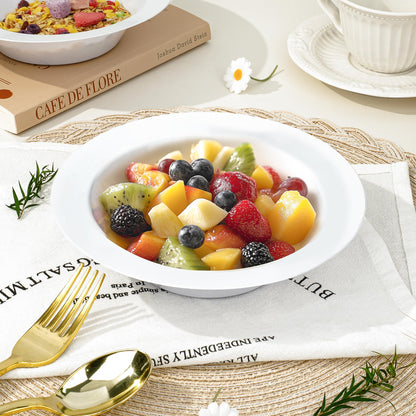 BESTVIP 100 Pack 12 oz White Plastic Bowls, Disposable Soup Bowls, Heavy-duty Dessert Salad Bowl for Christmas, Party, Wedding, Dinner, Catering