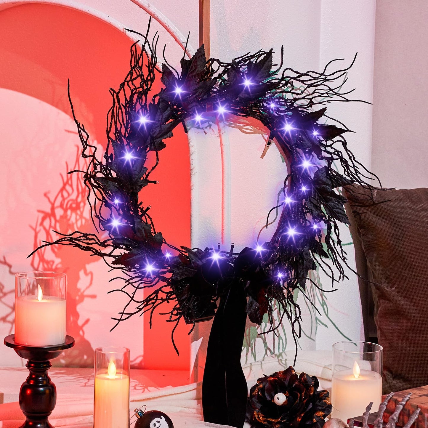 JORNOY 16inch LED Halloween Wreath with Battery Timer - Black Artificial Leaves&Silk Ribbon Decor Hanging for Front Door, Mantel, Porch, Wall, Party Decorations