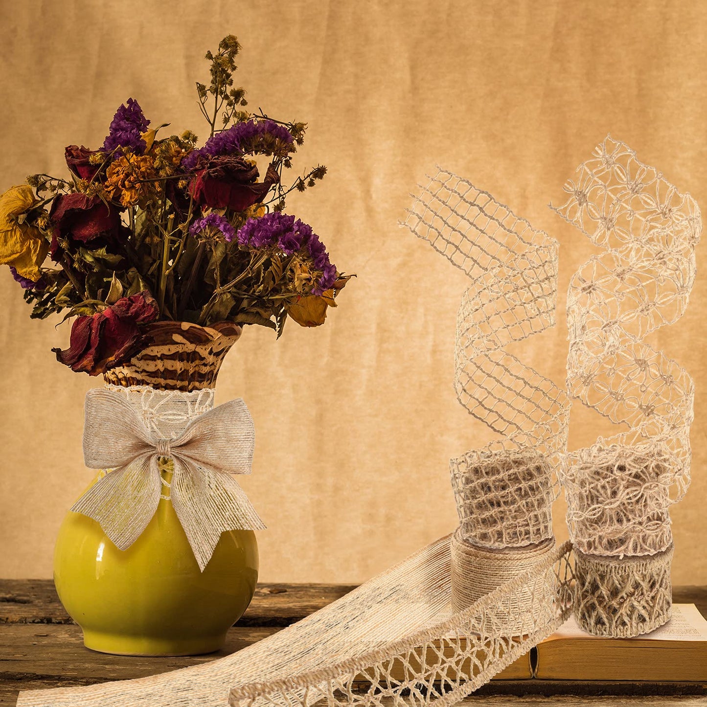 4 Rolls Burlap Ribbon Wired Natural Jute Burlap Lace 1.6-2 Inch x 16.4 Yard Wrapping Ribbon for Crafts, Big Bows, Wedding Gift Wrapping, Rustic Outdoor Decoration, Wreath, Holiday Party DIY Home Decor
