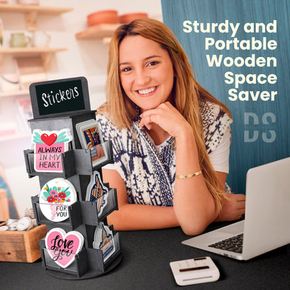 DS THE DISPLAY STORE 3 Tier Rotating Sticker Display Stand for Vendors, Black Wooden Countertop Organizer Shelf for Coasters, Retail, Showcase, Tradeshow