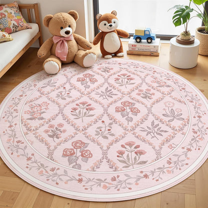 5ft Round Rug Washable Circle Rug Non Slip Low Pile Boho Floral Small Circular Rug for Bedroom, Bathroom, Entryway