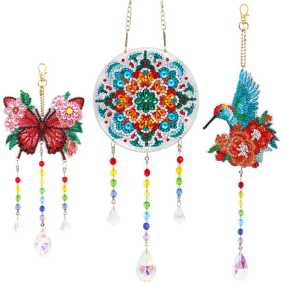 Lesaonsy 3 Pcs Diamond Art Kits, Arts & Crafts, Double-Sided Gem Art Set Diamond Painting Suncatcher Craft Kit Crystal Window Garden Decor Set (Orange-red Hummingbird Butterfly Mandala)