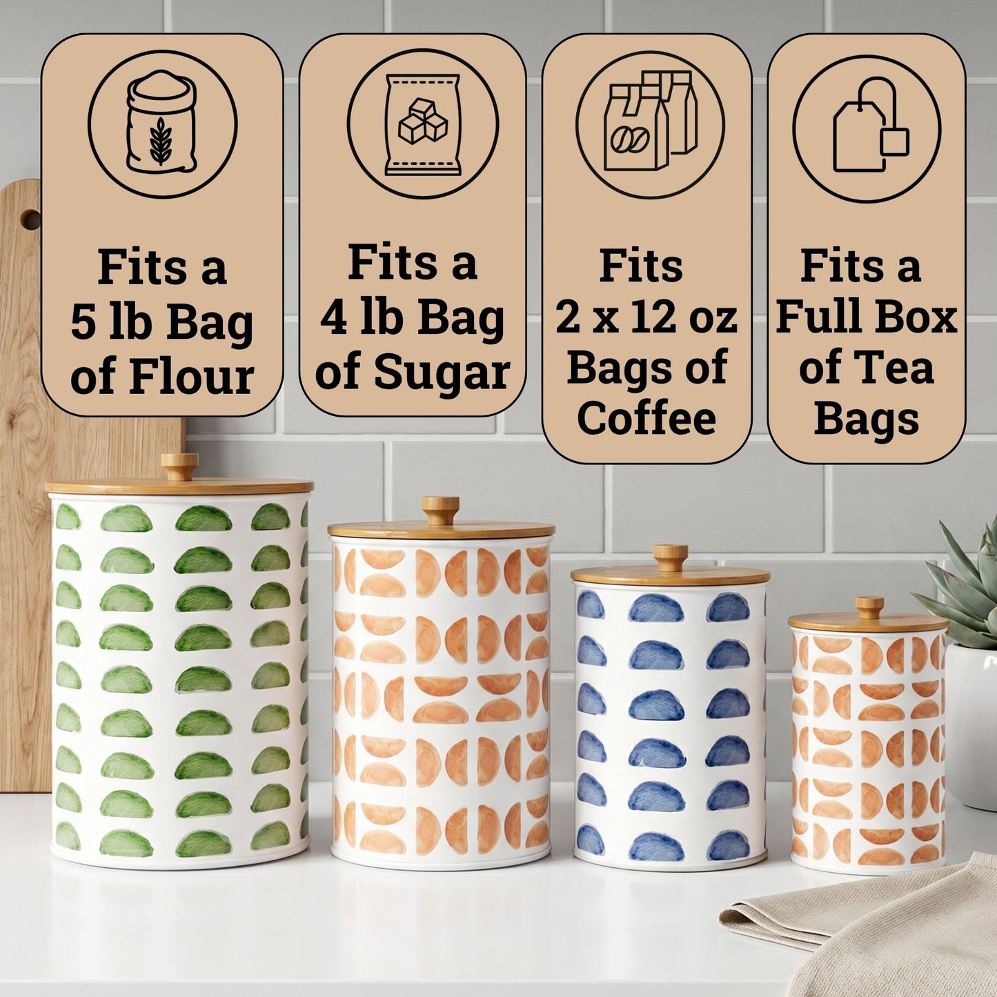 Kitchen Canisters for Countertop Set of 4 - Patterned Iron Kitchen Canisters with Airtight Lids - Flour Sugar Canister Set - Flour and Sugar Containers Farmhouse - Coffee Jar for Counter - White Jar