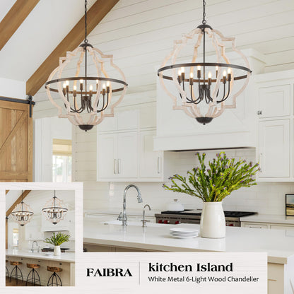 Faibra 8-Light Wood Pendant Light,31.96'' Vintage Rustic White Wood Chandeliers,Retro Industrial Hanging Light Fixtures for Dining Room Entryway, Bedroom