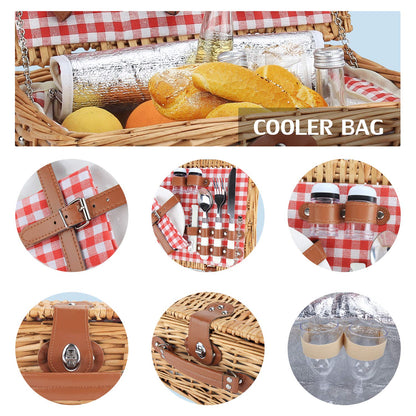 ZORMY Wicker Picnic Basket for 2 Person, Willow Hamper Basket Sets with Insulated Compartment, Handmade 2 Person Picnic Basket Classical Red Check with Utensils Cutlery Perfect for Picnic, Camping