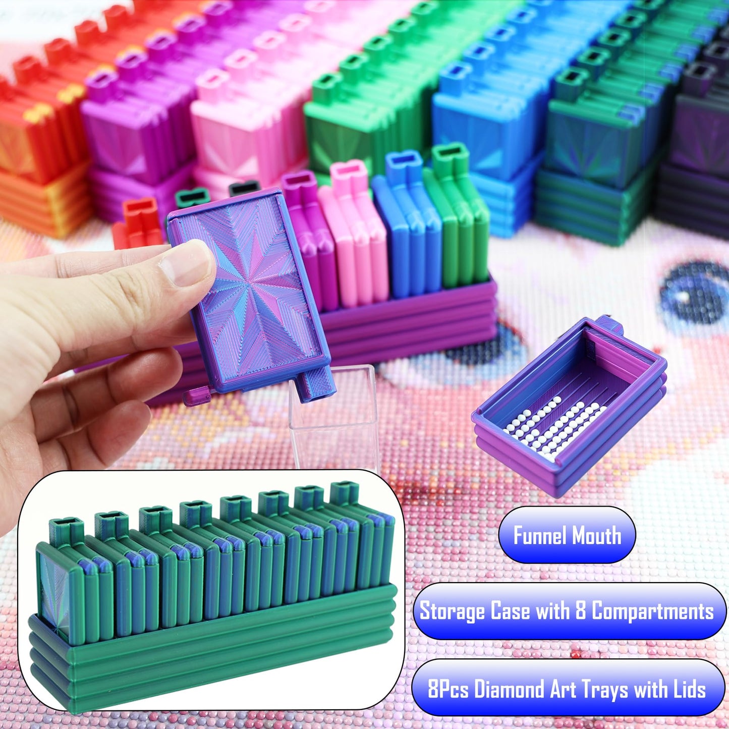 Diamond Art Trays with Lids, Diamond Painting Trays with Storage Organizers Case, 8 Pack Beads Rhinestone Tray Set with Tweezers, Brush, 32pcs Ziplock Pouches Bags for Diamond Art Tool (Blue Green)