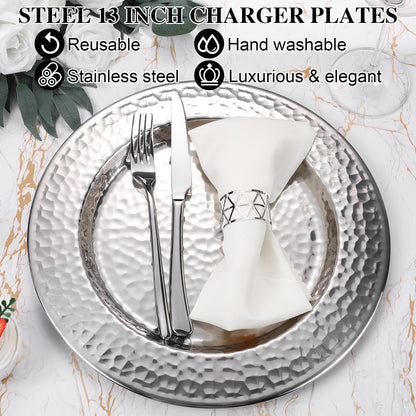 FillTouch 12 Packs Chargers Plates Bulk 13 Inch Stainless Steel Hammered Rim Round Elegant Dinner Plates Luxury Decorative Chargers for Wedding Party Catering Upscale Events (Silver)