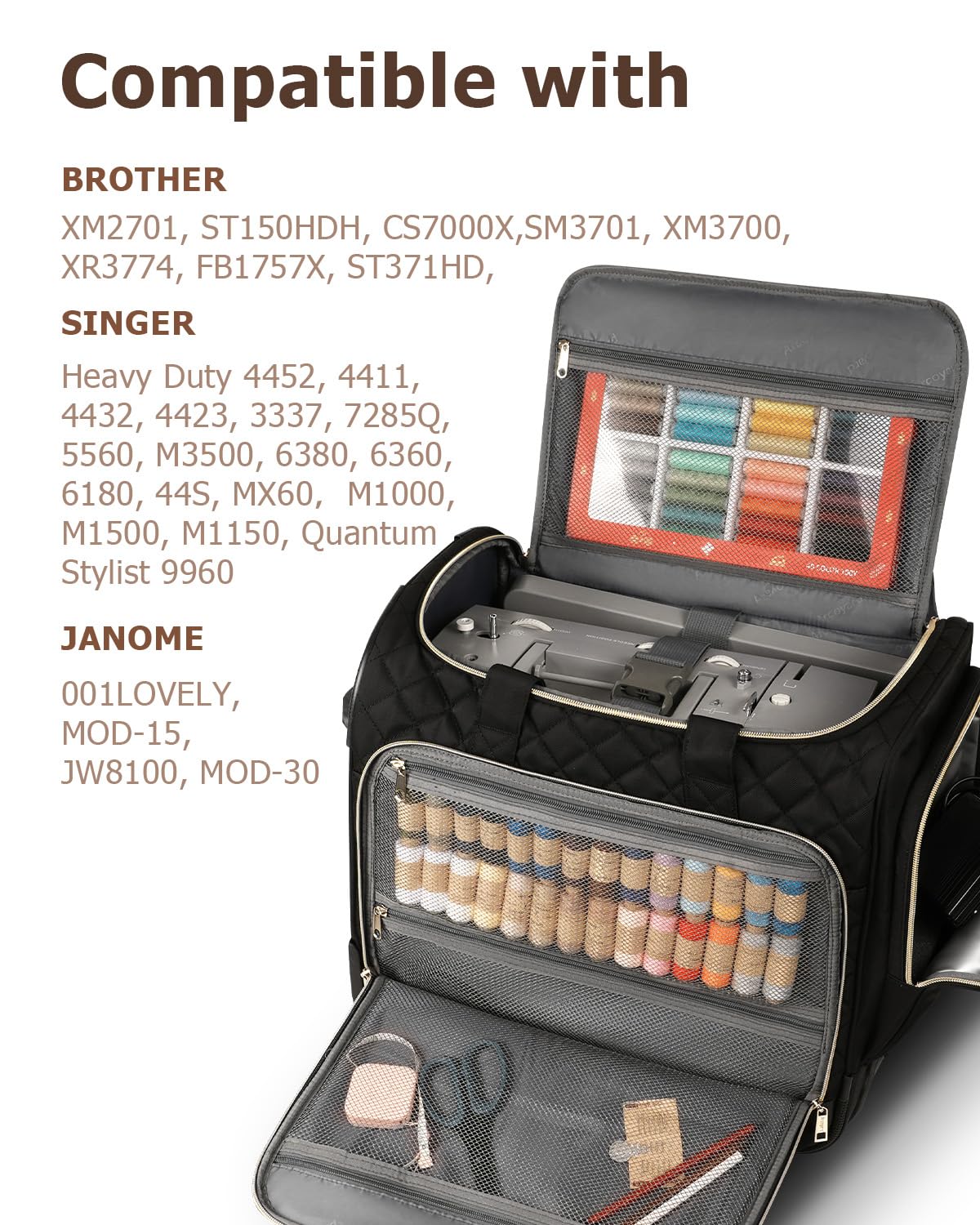 Arcoyard Sewing Machine Case with Wheels, Integrated Rolling Sewing Machine Carrying Tote Bag with Removable Bottom Board & Multiple Storage Pockets, Compatible with Singer, Brother, Janome, Black