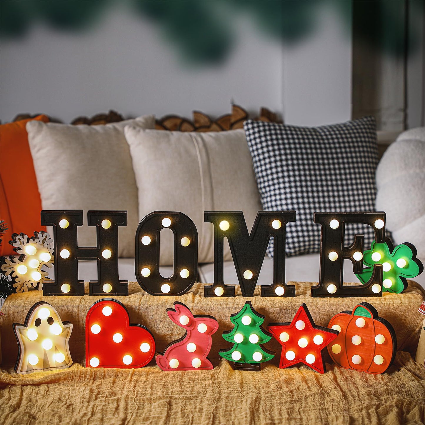 Aurelema Interchangeable Home Table Signs with 8 Pcs Seasonal Icons Wooden "home" Letter Signs with LED Marquee Light up 4th of July Table Decorations Decorative Centerpiece for Room Decoration