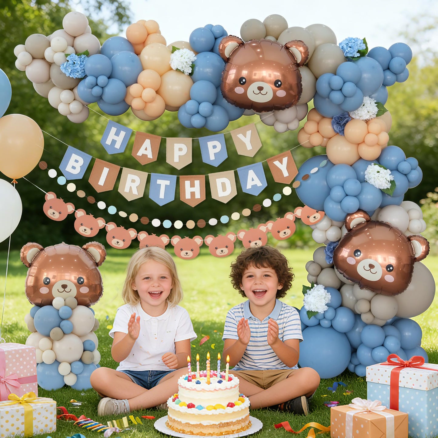 Ereniko Bear Birthday Balloon Arch Kit for Baby Boy Blue Khaki and Brown Balloons Decorations Set Happy Birthday Banner Bear Theme Decor