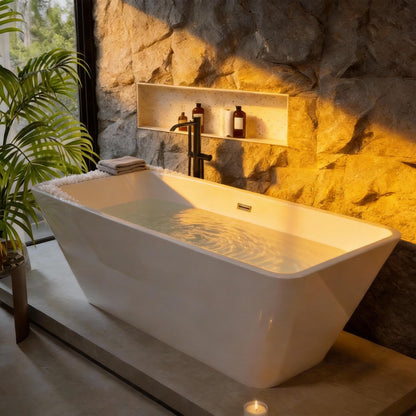 59" Freestanding Acrylic Soaking Tub, Large Bathtub, Contemporary Stand-Alone Bathroom Tub with Non-Slip Surface, Overflow and Drain Included, Deep Bathtub for Home Spa