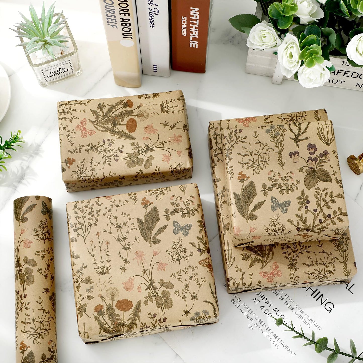 JarThenaAMCS Vintage Wildflower Kraft Wrapping Paper -Mini Roll- 17In x 32.8Ft Green Brown Floral Gift Wrap Paper Craft Paper for Spring Birthday Wedding Bridal Baby Shower Party Packing Supplies