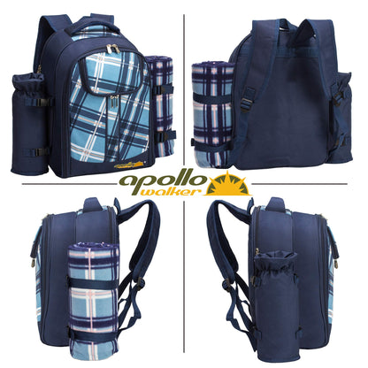 Apollo walker Picnic Backpack Set for 4 with Cooler Compartment,Detachable Bottle/Wine Holder Including Large Picnic Blanket(45"x 53") for Picnic Family and Lovers Gifts,Outdoor,BBQ Time (Blue)