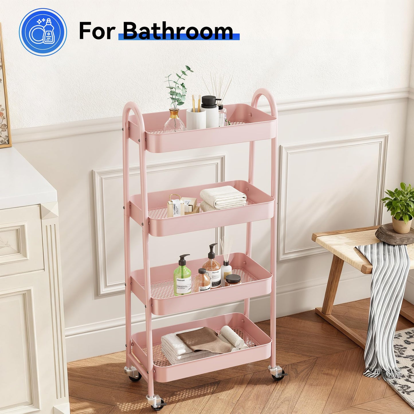 NEWBULIG 4-Tier Metal Rolling Cart with Lockable Wheels, Heavy Duty Mobile Utility Storage Shelf, Roller Book Snack Cart, Organization for Livingroom, Bathroom, Office, Pink