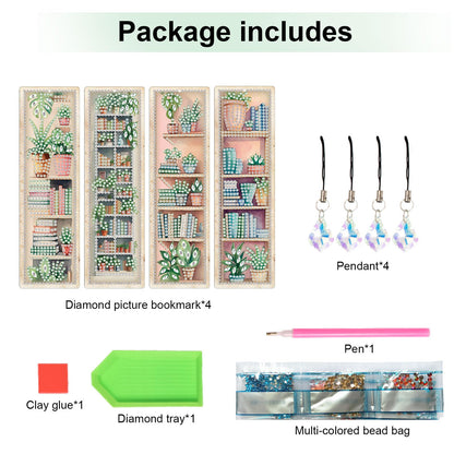 4 Pieces Diamond Painting Bookmarks for Adults Plant Bookshelf Design 5D Rhinestone Art Bookmark Kits Beautiful DIY Diamond Art Bookmarks with Tassels Crafts Gifts Supplies