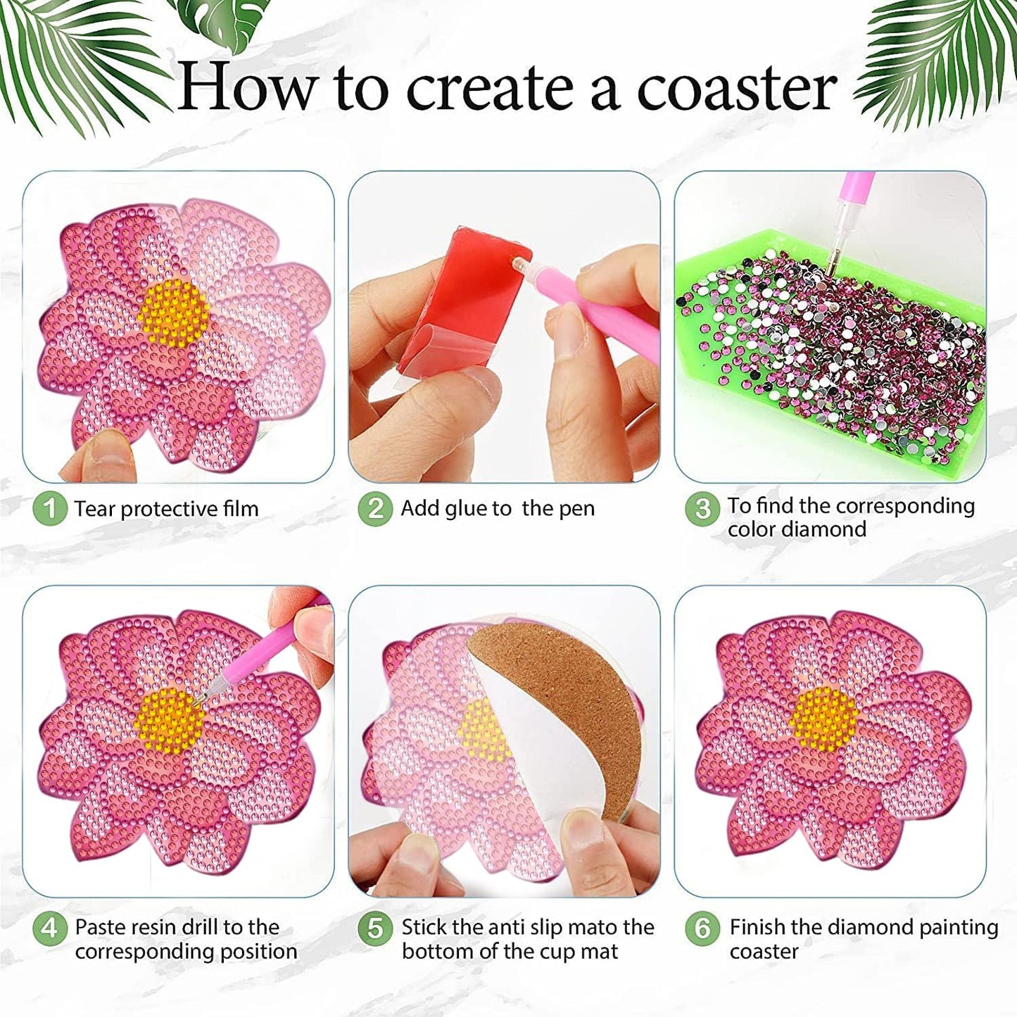 DOTZSO 8 Pcs Diamond Art Coasters Kit with Holder, Diamond Art Kits for Adults Beginners Small Diamond Painting Coasters, Arts and Crafts for Adults Supplies Item Sets (Flower)