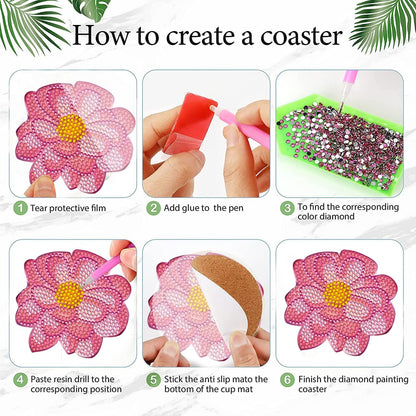 DOTZSO 8 Pcs Diamond Art Coasters Kit with Holder, Diamond Art Kits for Adults Beginners Small Diamond Painting Coasters, Arts and Crafts for Adults Supplies Item Sets (Flower)