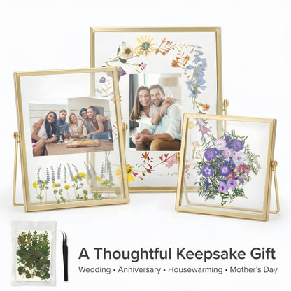Relaxing Garden Floating Double Glass Frame Set, Gold Pressed Flower Frame DIY Kit with 68 Dried Flowers & Tweezers, 3 Sizes 6x6 6x8 7x9 for Keepsakes, Wedding Photos & Home Decor