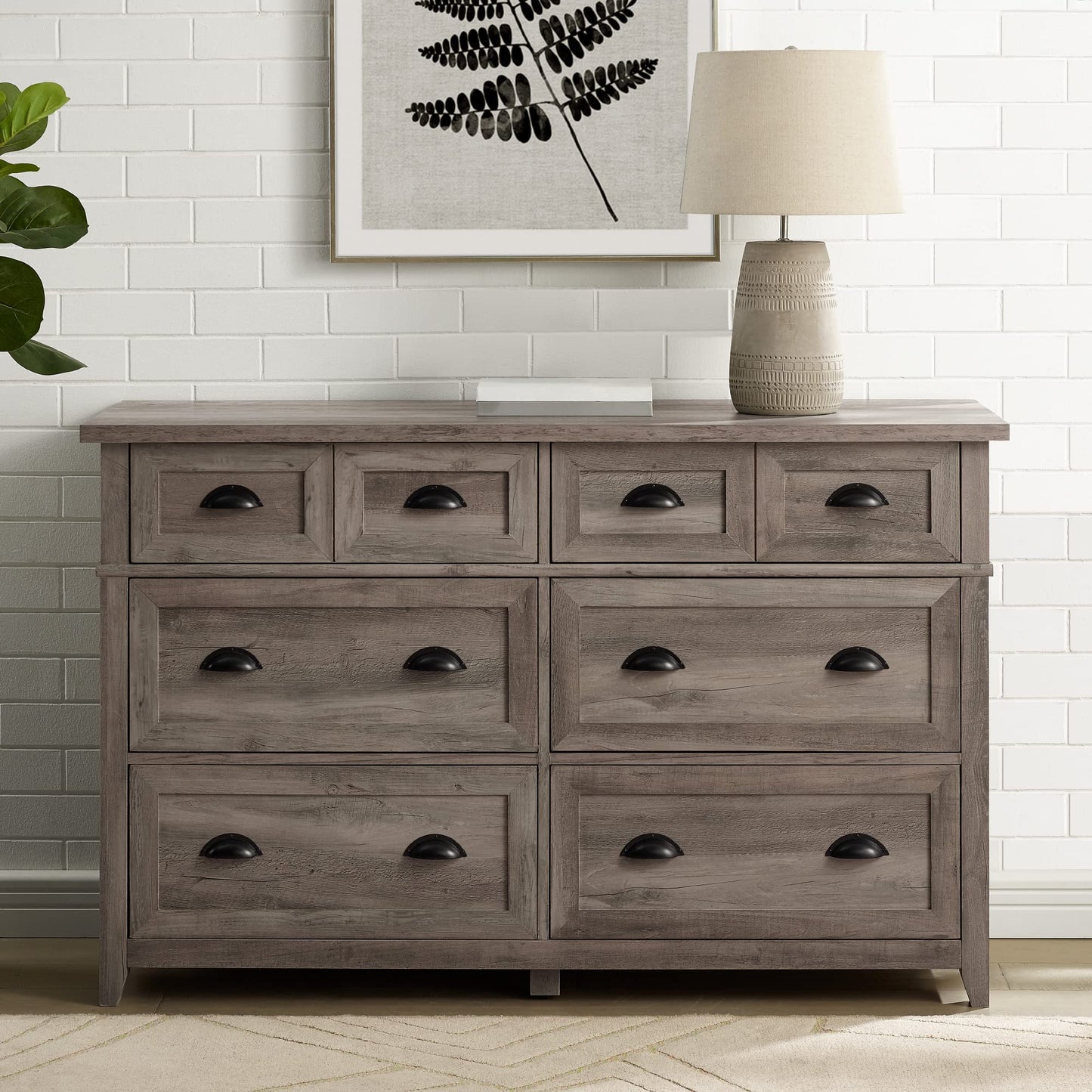 Walker Edison Modern Farmhouse 6-Drawer Framed Dresser with Half-Moon Handles, 52 Inch, Grey Wash