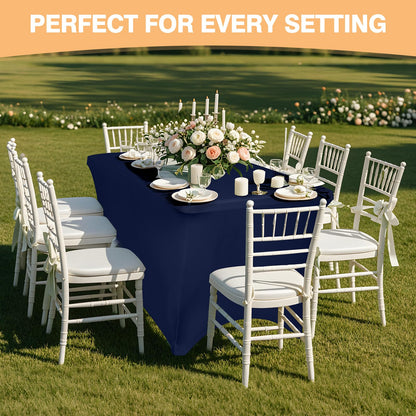 10 Pack 6 Feet Navy Spandex Tablecloth for Rectangular Tables, Fitted & Stretch, Washable, Wrinkle Resistant, Perfect for Event, Wedding, Party, Banquet, Cocktail, Festival, and Table Protector