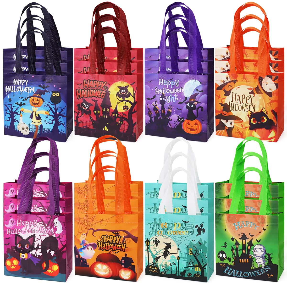 Aviski 24PCS Halloween Small Trick or Treat Bags, 7.9"×7.9"×3.15", Non-Woven Gift Tote Bags with Handles for Gifts Wrapping, Party Supplies