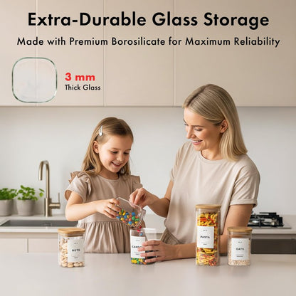 EDELHAUS Square Glass Storage Containers with Bamboo Lids 12-Pack (4x 30 oz, 8x 17 oz) Airtight Glass Storage Jars with Lids for Food, Stackable Glass Kitchen Canisters with 114 Labels for Pantry