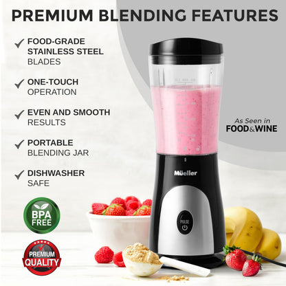 Mueller Smoothie Blender for Smoothies - Personal Blender for Shakes, Frozen Drinks, Baby Food & More, 15oz Travel Cup and Lid, Durable Stainless Steel Blades for Powerful Blending Performance, Black